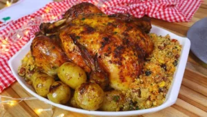 Frango assado dourado com tempero caseiro