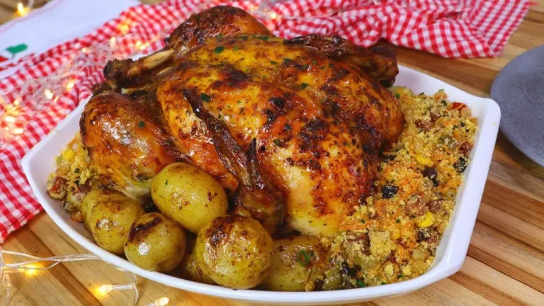 Frango assado dourado com tempero caseiro