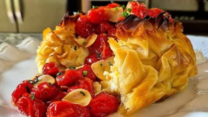 Trouxinha de massa filo com catupiri e tomate confit fácil e crocante