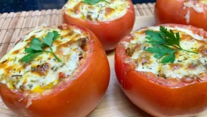 Tomate Recheado com Carne Moída, Requeijão e Mussarela para o Almoço